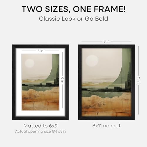 Image of Homeforia 8x11 Black Oak Picture Frame, High-End Wood, 6x9 Mat, Glass | High End Solid Oak Wood, Tempered Glass, Acid-Free 6x9 Removable Mat, 8x11 Edge-to-Edge Display 11x8, Wall Kit, Set Of 1
