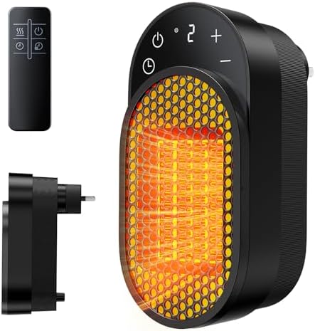Wall Outlet Space Heater, 450W Plug in Electric Heater with Adjustable Thermostat & 12h Timer & Led Display, 3s Fast Heating, Portable Heater for Office Drom Room (Black)