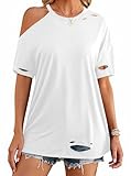 Remidoo Distressed Tshirt Women Short Sleeve Ripped Shirt Oversized Tee Off Shoulder Top White X-Large