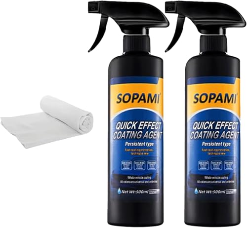 Sopami Car Coating Spray,Quick Effect Coating Agent,Quickly Coat Car Wax,Car Scratch Wax Polish Spray Waterless Wash,Oil Film Emulsion Glass Cleaner with towel (2 pcs)