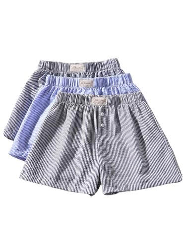 Image of WDIRARA Women's 3 Piece Striped Pajama Shorts Elastic Waist Comfy Sleep Bottoms