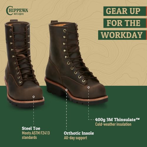 Image of Chippewa Paladin 8 inch Waterproof Insulated Steel Toe Logger Boot, Men's Work Boot, Electrical Hazard, Oil & Slip Resistant, Bay Apache