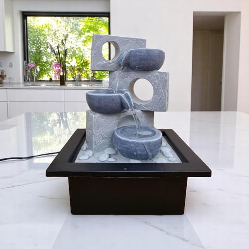 25cm Tabletop Water Feature, Water Fall, Water fountainwith LED Lights, Cascading Water Feature, Decorative Relaxation Piece for Home, Garden or Office Settings
