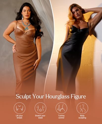 Popilush Corset Shapewear Dress Faux Leather Club Midi Dress V Neck Night Out Bodycon Dresses for Women3