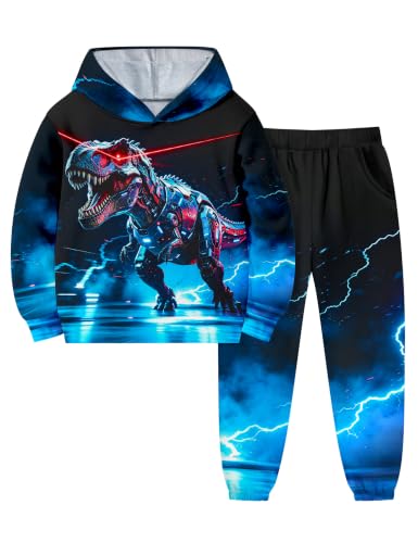 Image of Boys Clothes, T-Rex Print Dinosaur Boy Clothes Fall Winter Outfits Long-sleeved Hooded Sweatshirt Pants 2Pcs Set