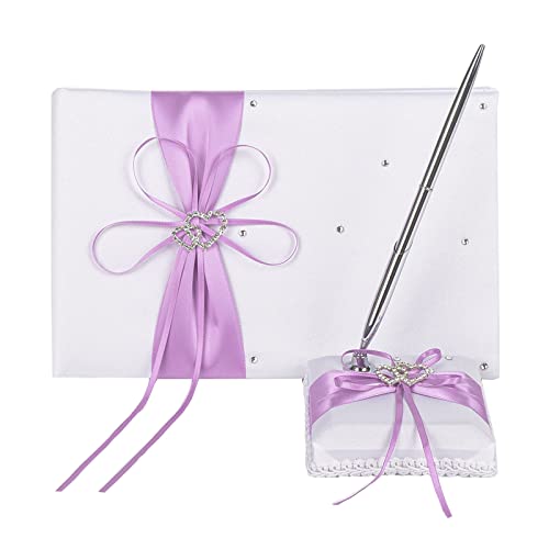 5Pcs Wedding Sets Flower Girl Basket + Ring Bearer Pillow + Guest Book With Pen + Pen Set Holder + Bride Garter For Rustic Bridal Wedding Shower Ceremony Anniversary-Lavender #TOP4