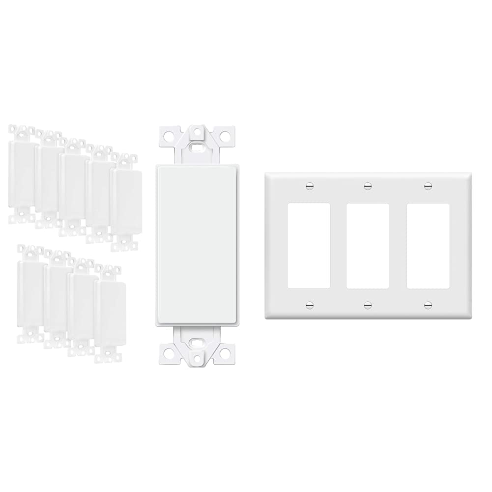 ENERLITES Blank Adapter Insert for Decorator Wall Plates, 6001-W-10PCS, White, 10 Count & Decorator Light Switch or Receptacle Outlet Wall Plate, Gloss Finish, Size 3-Gang 4.50" x 6.38", 8833-W, White