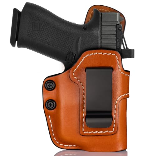 Universal IWB Leather Holster for P365/P365XL, Hellcat, G43/G48, G43X MOS/G48 MOS with TLR-6 and TLR-6 HL, Optic-Ready, Inside Waistband Carry Holster, Steel Clip Fits 1.75' Belt, Brown, Right