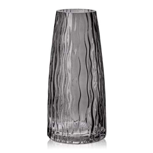 Hollyone Large Smoked Glass Vases for Flowers 9.8” Tall Ribbed