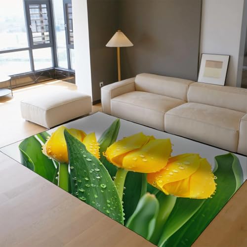 Tapis de salon 120x180cm tulipe jaune imprimée lavable et doux - 3