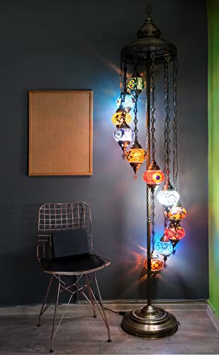Asylove Turkish Mosaic Floor Lamp, 11 Globe Moroccan Standing Lamp, Authentic Home Decorations, Livingroom Lighting 5 İnch Globe Lamp, Total Dimensions 20 X 20 X 86 Inch, (Colormix) #TOP14