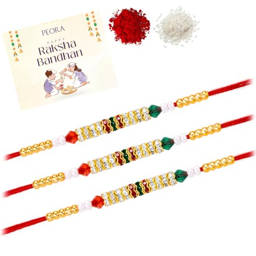 Image of Peora Om Shree Ram Swastik Rakhi for Brother Bhaiya | Crystal & Beads Studded | Red Thread | Raksha Bandhan Hamper with Roli Chawal Greeting Card