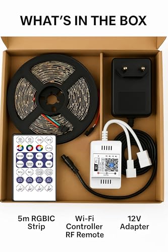 Image of WiFi RGBIC Strip 5M | 60 LEDs /M | 100+ Modes | Music Sync with Mic | RF Remote + App Control | Alexa Compatible | Plug & Play Kit for Gaming, Desk & Room Ambience(WiFi-APP+Remote)