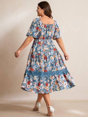 Image of RWJ Women's Plus Size Maxi Dress Short Sleeve Square Neck Flowy A-Line Lace Trim Flutter Party Casual Off Shoulder Dresses