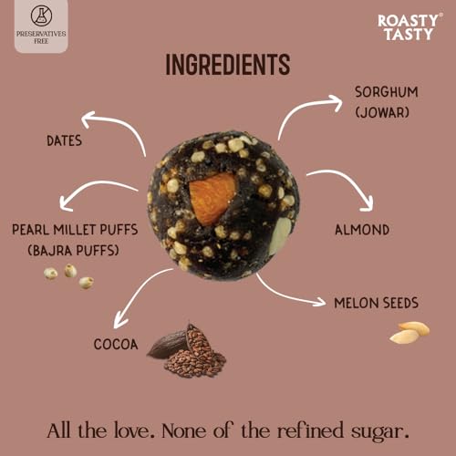 Image of Roasty Tasty Millets & Dryfruits Ladoo Cocoa 200g (Pack of 2 100g each) - 20 counts of ladoo | No Added Sugar Sweets