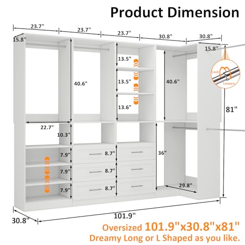 Vomavex Closet System with 4 sets, 101.9" Closet Organizer Systems with 6 Drawers & 8 Hanging Rods & Adjustable Shelves, Walk in Closet Standing Closet System, Corner Closet System Set, White - Image 3