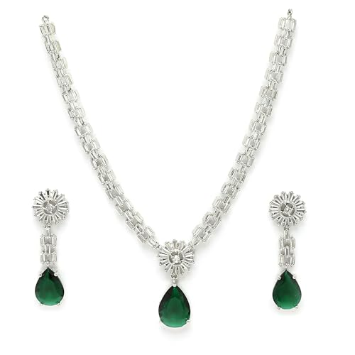 Image of ZENEME Rhodium Plated Brass Silver Toned Luxurious Sparkle Pink Necklace & Earring Jewellery Set For Women & Girls
