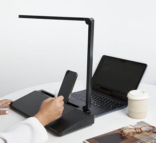 Image of Garood Glass Desktop Whiteboard with Storage (Black) Wireless Charger and LED Light Desk Whiteboard Desktop Glasasboard Desk top Board Desk Dry Erase Board Phone Holder 15.8X7X2 in
