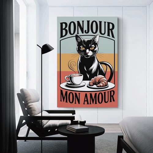 Toile murale moderne Bonjour Mon Amour chat noir 50x75 cm pour decoration de couloir et cuisine