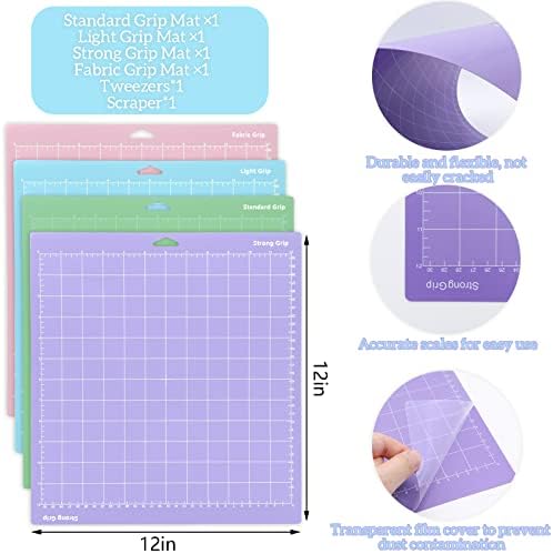 ZOCONE 4 Pack Cutting Mat for Cricut Maker/Explore 3/Air/Air2/One 12"x12" Variety Cricut Mats-StandardGrip LightGrip StrongGrip -Adhesive Cricket Cut Mats for Cricut Accessories with Scraper&Tweezers