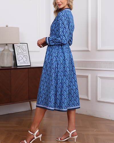 Women's Fall Floral Midi Dress Casual Long Sleeve V Neck A Line Elastic Waist Flowy Boho Dresses3