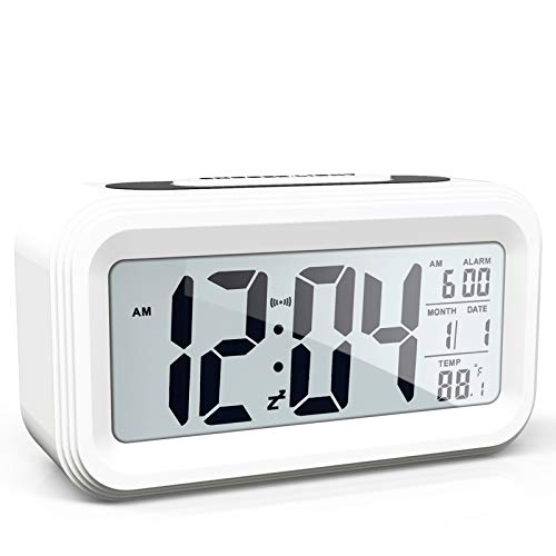 AYRELY Battery Operated Cordless Digital Alarm Clock with Date,Temperature,Smart Sensor Light,12/24Hr,Snooze for Bedrooms,Office,Heavy Sleepers,Kids(White)