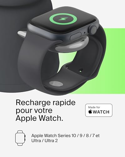 Belkin BoostCharge Pro Station de Recharge 2-en-1 avec Qi2, 15 W, Compatible MagSafe, pour iPhone 17, iPhone Air, Pixelsnap, Apple Watch, AirPods, Adaptateur Secteur Inclus - Noir