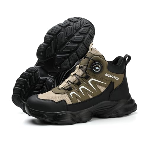 LIWEGHT Safety Shoes Men Women Steel Toe Work Boots - Puncture Proof Non-Slip Indestructible Construction Sneakers | Lightweight Comfortable Breathable Mesh for Industrial Factory Work (Khaki 40)