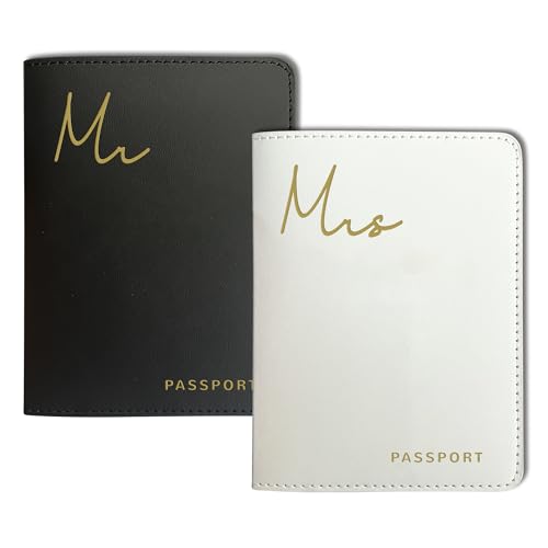 Mr&Mrs Gifts Matching Passport Holders for Mr and Mrs, Gold Foil Logo, Dual PU Leather with Card...