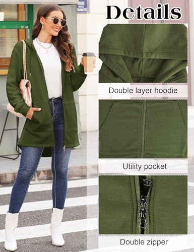 Vancavoo Hoodie Womens Long Hoodies Ladies Sweatshirts Casual Long Sleeves Zip Up Hoodie Plain Sweatshirt Plus Size Tops Shirt Pullover Warm Cardigans Autumn Jumper Jacket with Pockets(ArmyGreen,XL)