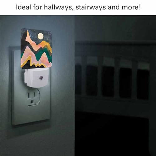 Image of LED Night Light,Mountains Night Sky Moon Colorful Illustration LED Night Light Plug into Wall with Dusk to Dawn Light Sensor White Energy Efficient Nightlight for Hallway Living Room Kitchen