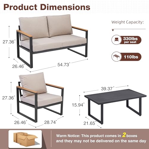 مجموعة أثاث للفناء الخارجي مع طاولة مصنوعة من المعدن ومخدات إسفنجية قابلة للغسيل وعالية المرونة من كوملاكس فيلد، 4 قطع، بيج