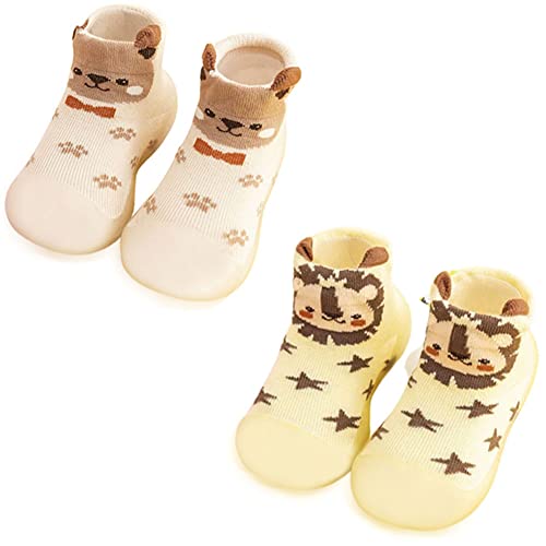 FedMois 2 Paia Calzini Scarpe Antiscivolo Calze a Pantofola Cotone Neonati Bimbi, leone e orso, 18 mesi
