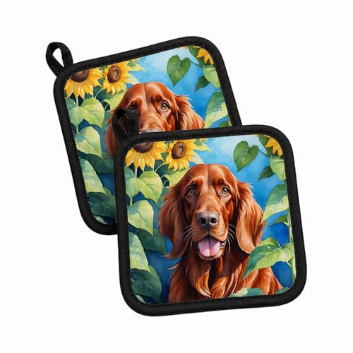 Caroline's Treasures Irish Setter in Sunflowers Pair of Pot Holders Kitchen Heat Resistant Pot Holders Sets Oven Hot Pads for Cooking Baking BBQ, 7 1/2 x 7 1/2