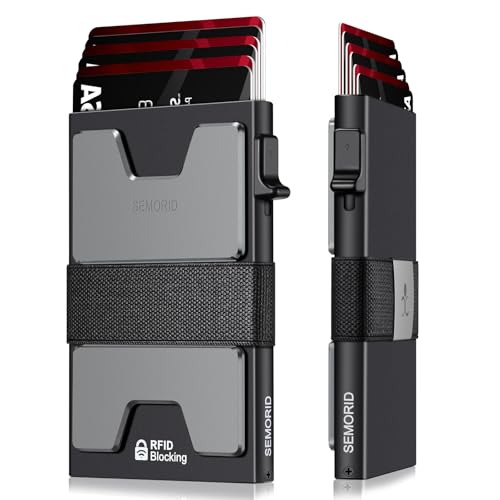 Image of SEMORID Slim Aluminum Card Holder Wallet for Men, Durable Expandable Backplate, RFID Blocking Minimalist Metal Pop Up Wallet, Holds 12+ Cards Plus Cash