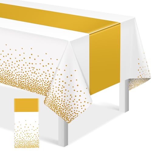 Image of 1Pcs White and Gold Tablecloth Party Decorations,Plastic White Table Cloth Printed Gold Table Runner Disposable Rectangle Tables Cover for Birthday Wedding Anniversary Graduation Party,54 x108 Inch