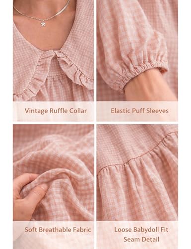Image of Ynhonra Women's Gingham Mini Dress 3 /4 Puff Sleeve Babydoll Doll Collar