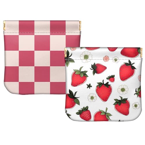 BHAHB 2 PCS Small Squeeze Coin Purse Pouch Soft PU Leather Mini Wallet Change Bag Cute Aesthetic for Women Girls Men-Strawberry Pink
