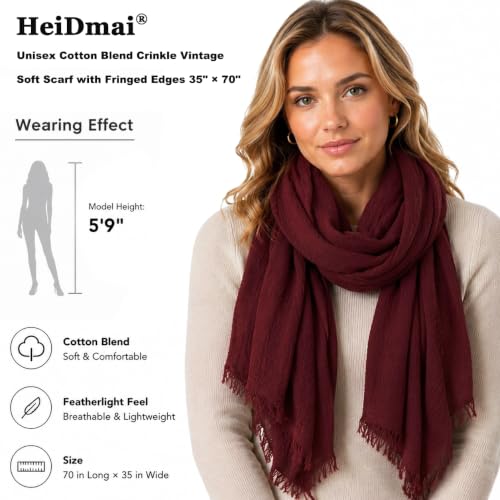 Image of Lightweight Cotton Blend Scarf for Women Men | Large,Breathable,Thin,Soft,Crinkle Scarf,Hijab Head Wrap,NeckScarf,Everyday,Travel Scarf,Summer Dress Scarves Holiday Gift