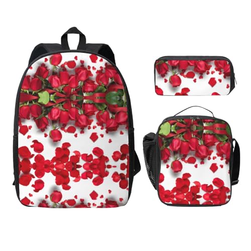 Sac à dos imprimé pétales de rose rouge léger en kit scolaire de 3 pièces