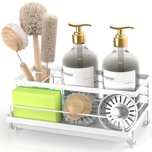 Cisily Sink Caddy Organizer, Kitchen Sink Accessories with Drip Tray, Rustproof and Non-Slip, White