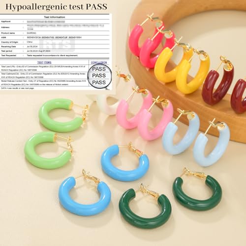 PABBEU 14K Gold Hoop Earrings for Women, Hypoallergenic Hollow Tube Red Yellow Off-white Blue Pink Green Hoop Earrings for Women Lightweight Colorful Chunky Gold Hoops Gifts 30MM2