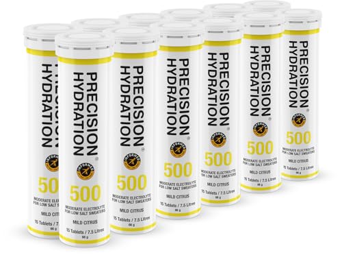 Precision Hydration Electrolyte Tablets - Multi Strength Effervescent Hydration Tablets - Combats Cramp - Low Calorie, Gluten Free, Vegan/Vegetarian Friendly (12 Tubes, 500mg/L - Yellow Tube)