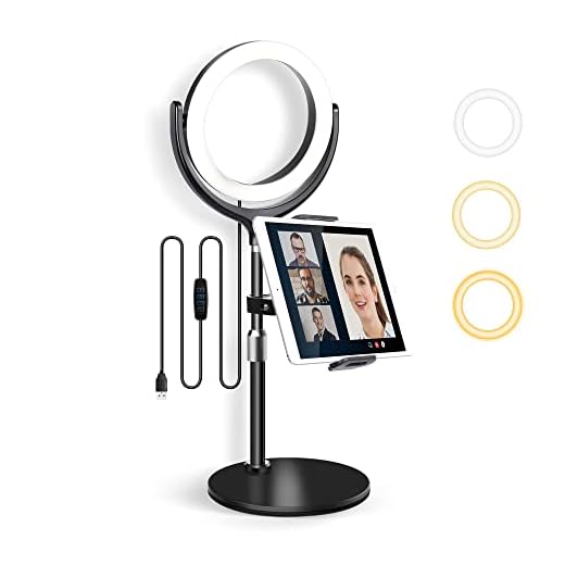 elitehood iPad Stand with Ring Light for Online Video Conference, 3 Colors & 10 Brightness Computer Ring Light, Adjustable Desktop iPad Holder Stand for iPad Pro 12.9 11 Air Mini and 4-13’’ Tablet