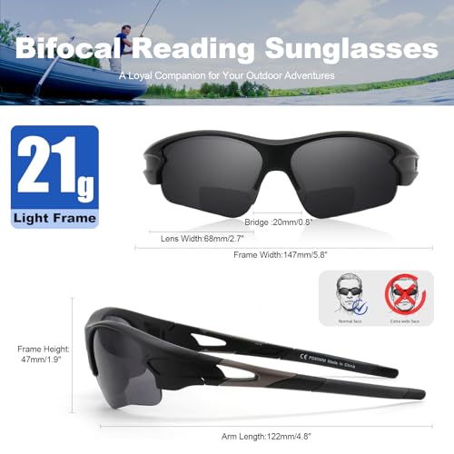 Image of Attractive Bifocal Reading Sunglasses for Men, Durable TR90 Semi Rimless Wrap Around Design Sun Readers, UV400 Near-Far Sun Glass Built in Outdoor Sports /Driving /Finshing Dark Glasses, +2.5