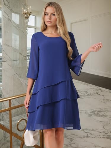 Image of Seta T Women's Chiffon Dresses 3 /4 Bell Sleeve Crewneck Tiered Layered Flowy Dress Party Wedding Outfits