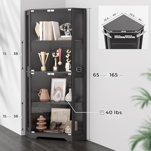 Corner Display Cabinet with Glass Doors, 65" Lighted Curio Cabinet with 3 Color LED Lights for Collectibles, 4-Tier Showcase Display Case with Human Body Sensor for Toys, Books, Black | 3 Color Lights, for Collectibles, 4-Tier, Display Case, Human Body Sensor, for Toys