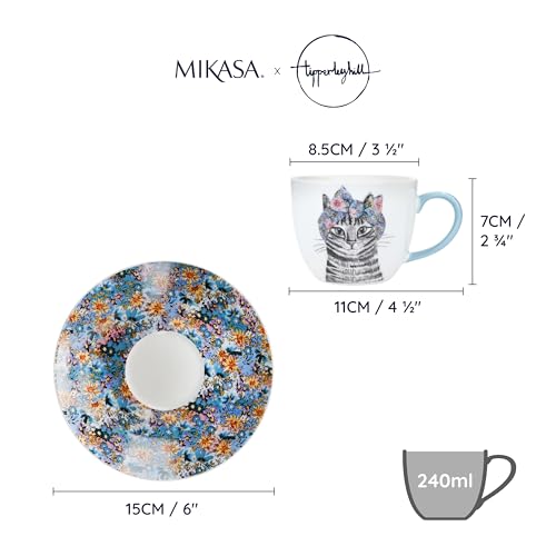 Mikasa, X Tipperleyhill Teacups And Saucers, Zestaw 2 Filiżanek I Spodków Z Cienkiej Porcelany, 240 Ml, Optymalny Na Popołudniową Herbatę, Można Myć W Zmywarce I Zapakowany W Pudełko Upominkowe