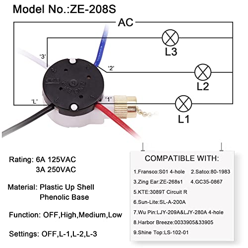 Image of Ceiling Fan Switch Kit 3 Speed 4 Wire, Fan Switch Zipper Speed Control Switch, ZE-208S Pull Wire Switch with Rope Gold