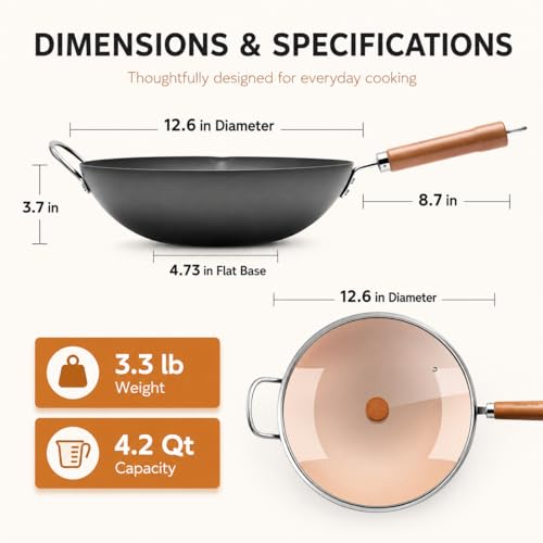 Image of WANGYUANJI 12.6 Inch Carbon Steel Wok with Lid, Flat Bottom Wok Pan for Induction, Electric and Gas Stoves, Uncoated Chinese Stir Fry Pan with Wooden Handle